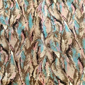 Vintage 44” wide Cotton fabric 2 Yards Brown Pink Teal Feather Leaf 80s 90s Sew